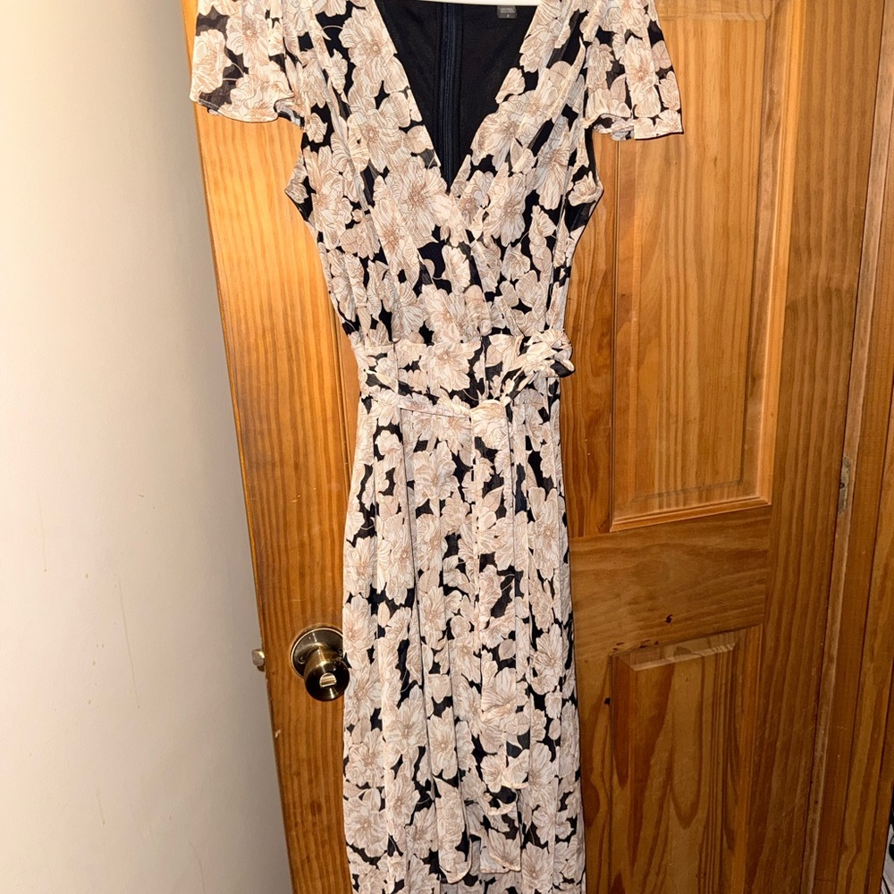 Floral V-Neck Wrap Maxi Dress in Cream on Black